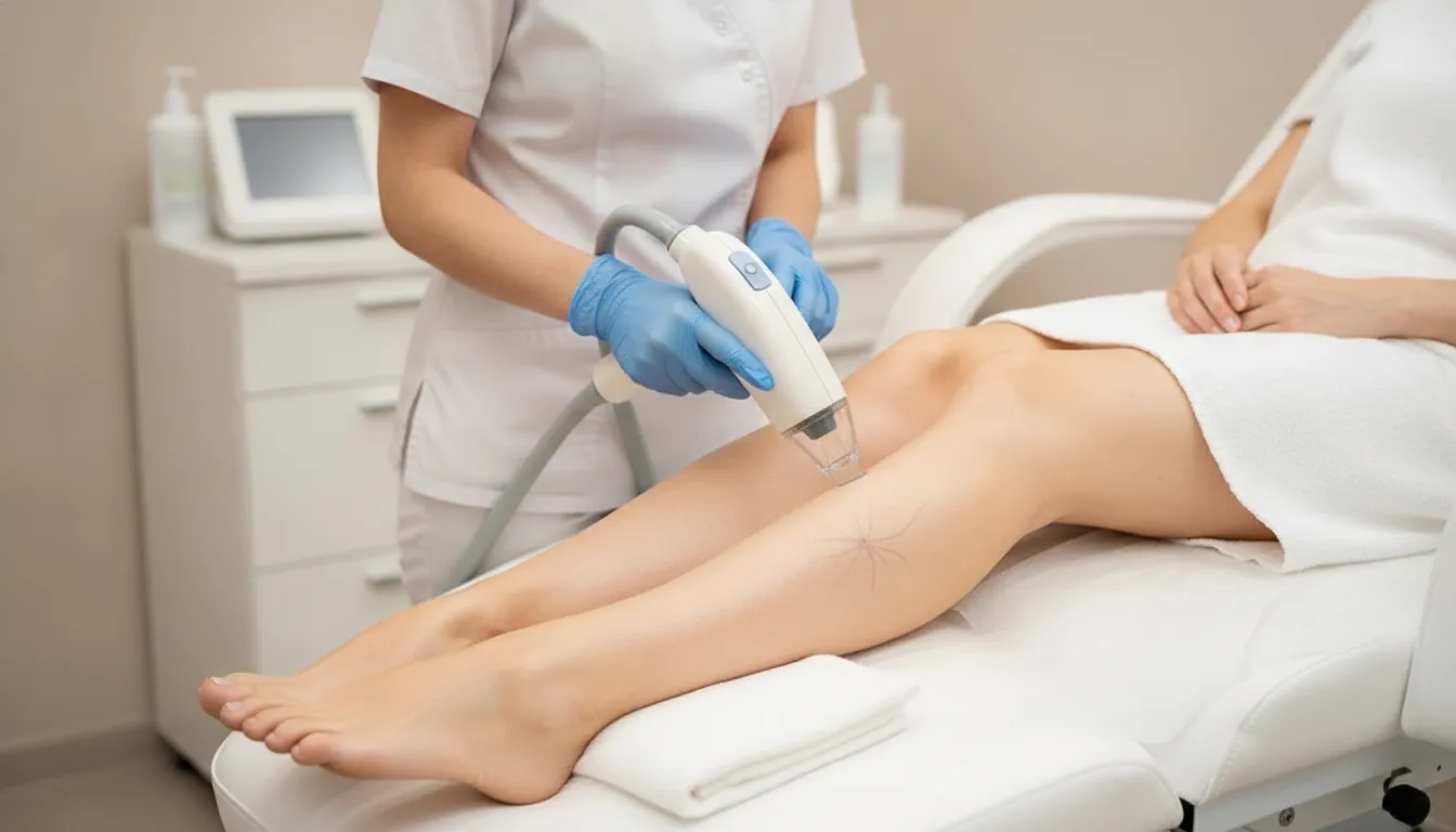 Laser vein treatment consultation for visible veins on a lower leg