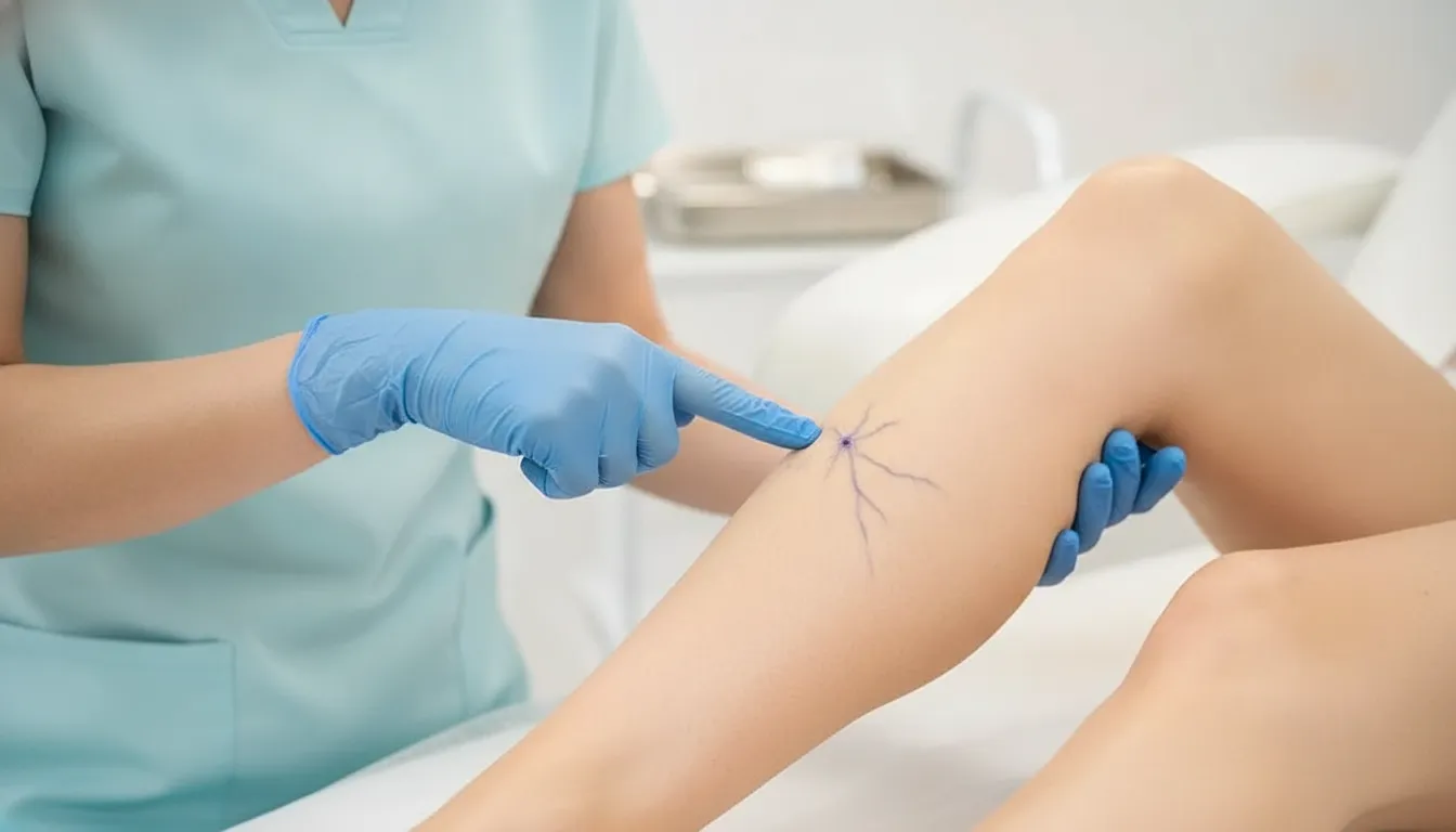 Clinician assessing visible spider veins on a lower leg before laser vein treatment