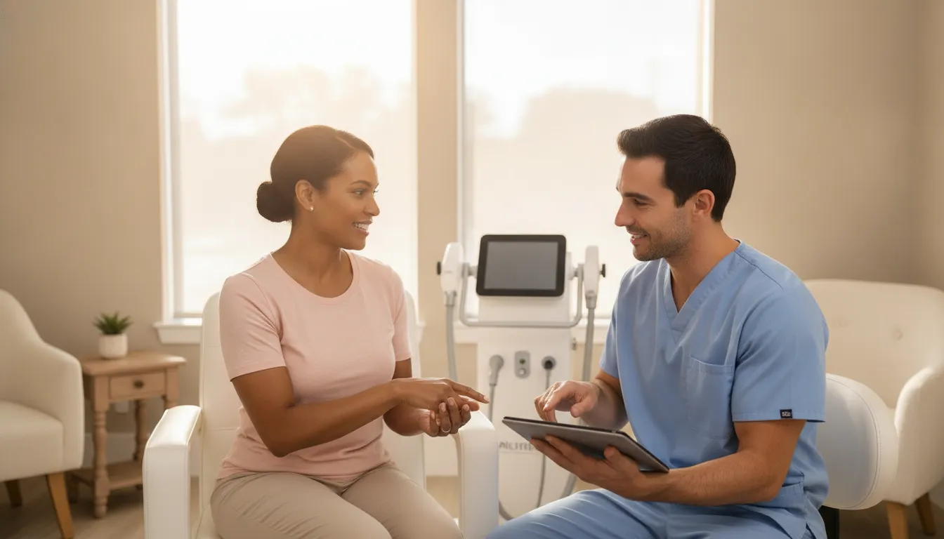 Patient consultation for medical spa laser hair removal in Texas