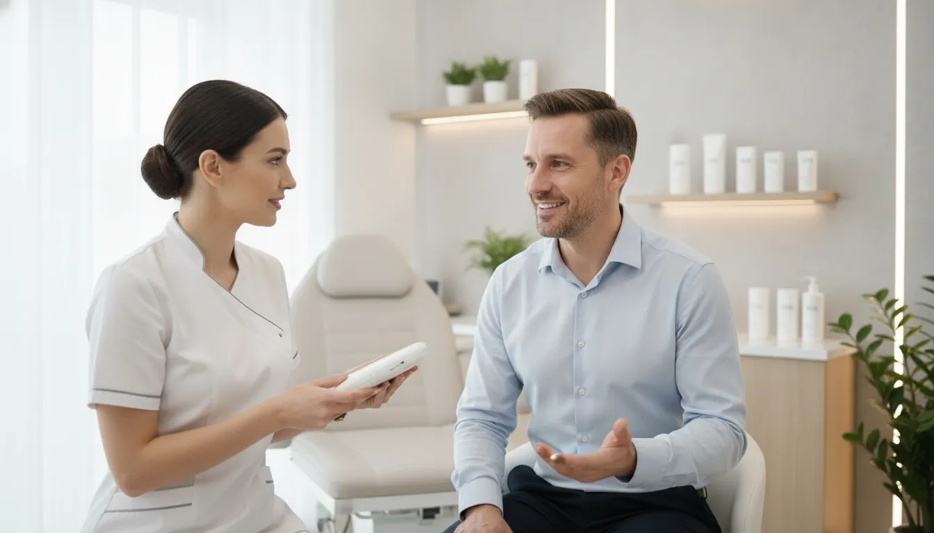 Man discussing med spa treatment options with a licensed professional