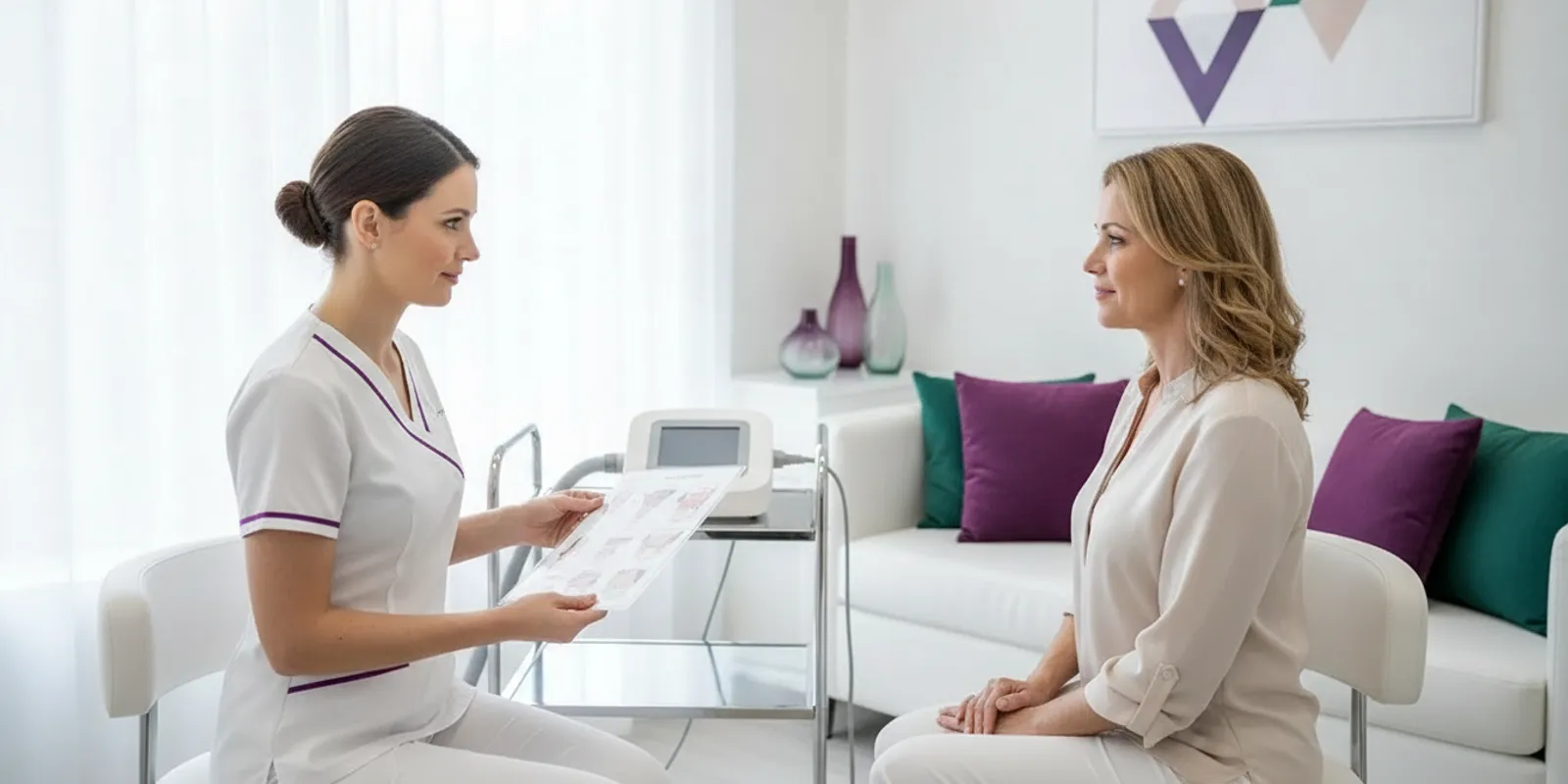 Provider discussing a laser hair removal treatment plan with a client in a bright, modern treatment room