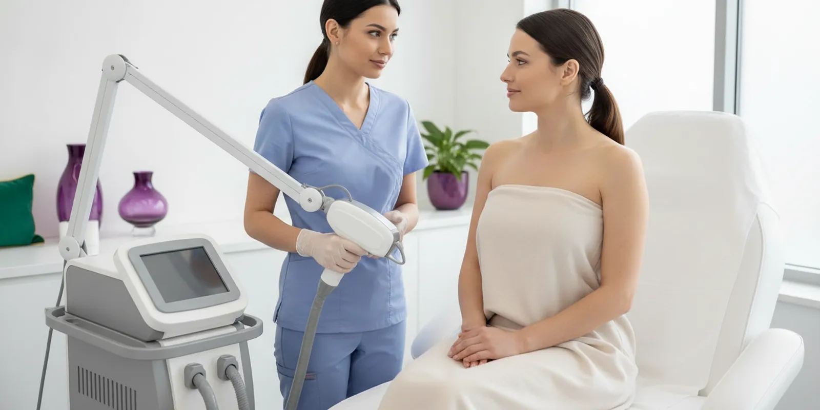 A client discussing Laser Hair Removal options with a provider in a bright treatment room