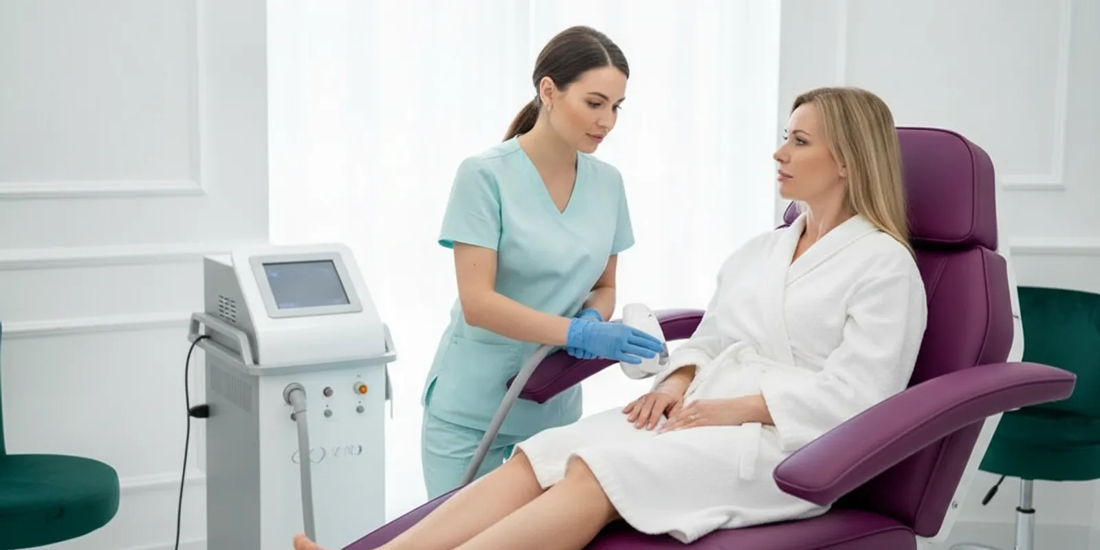 A client discusses a personalized laser hair removal plan with a provider in a bright treatment room.