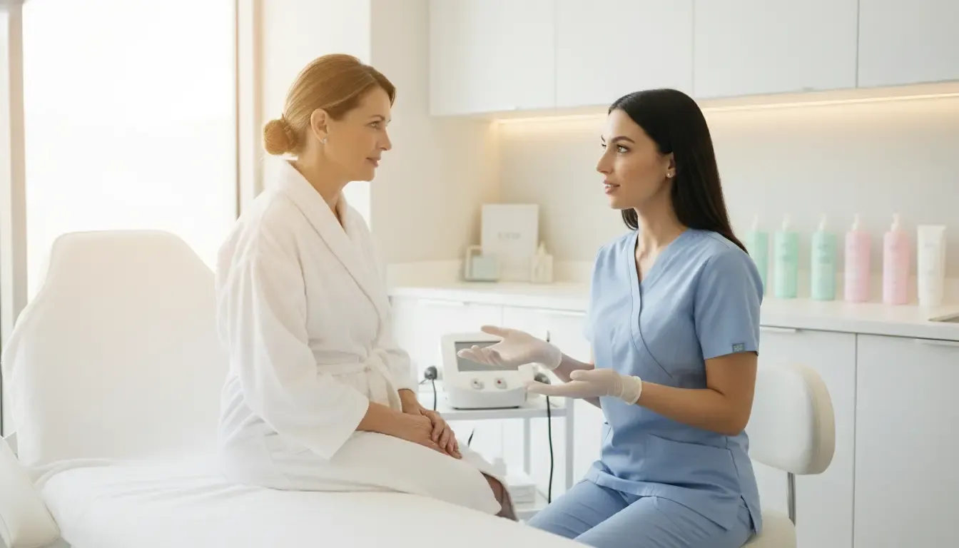 Patient comparing laser hair removal options with a medical spa professional