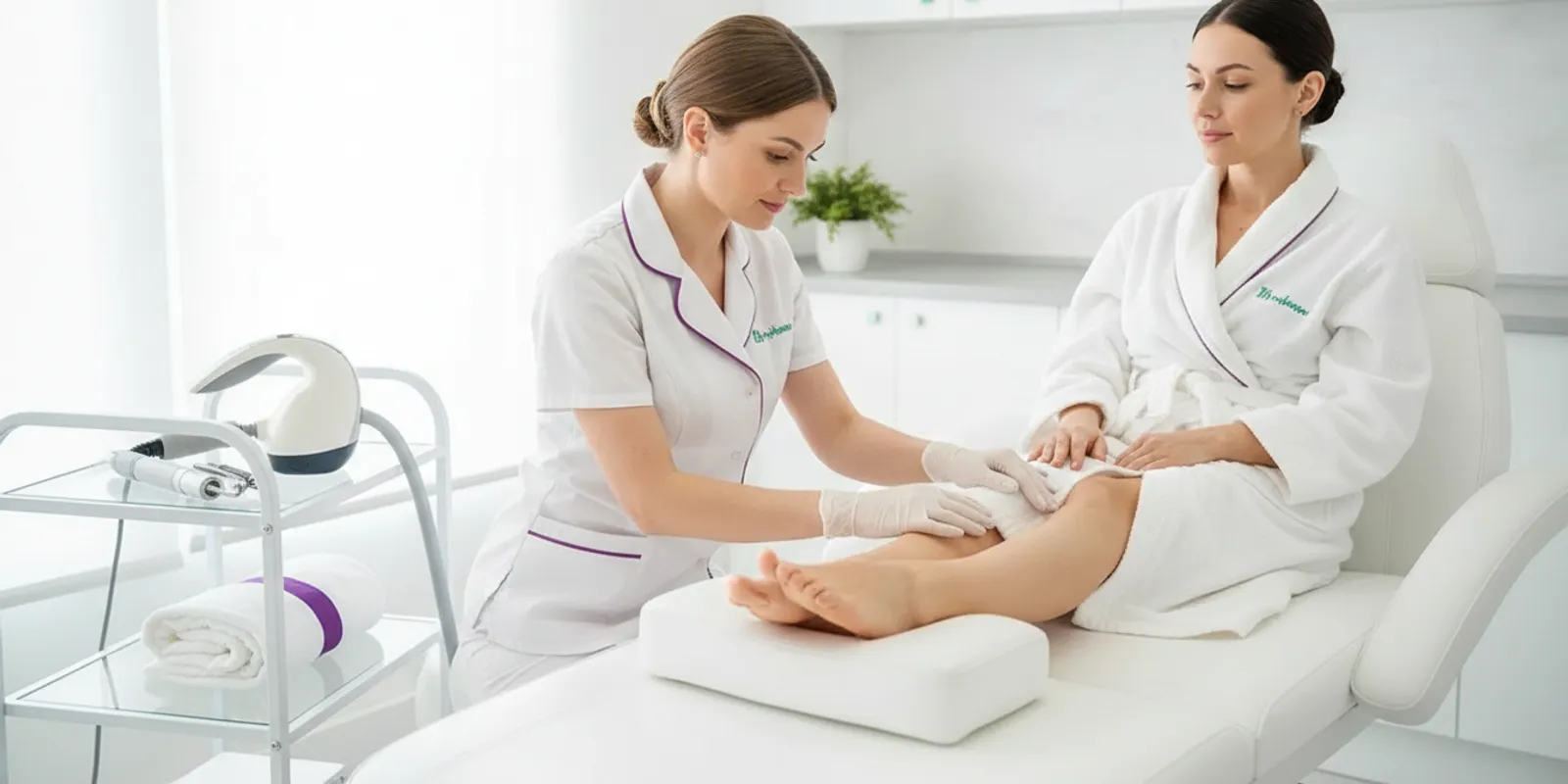 Close view of a client’s lower legs and feet during a professional laser hair removal consultation