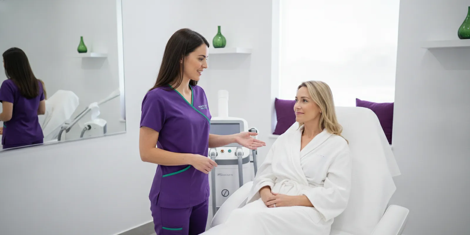 A client speaking with a laser hair removal provider in a bright, private treatment room