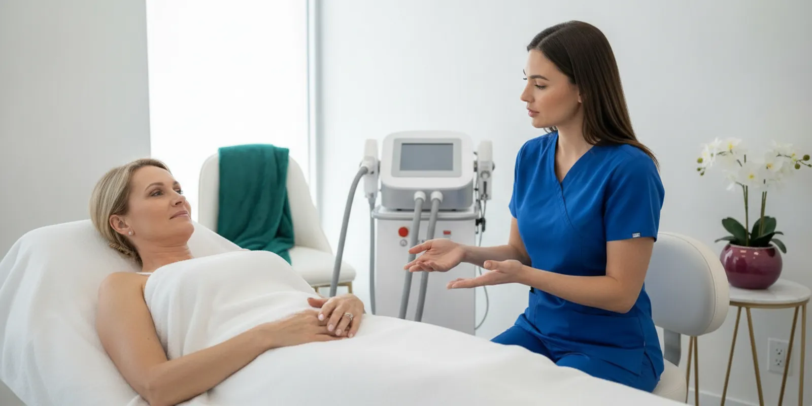 A treatment professional prepares a client's abdomen for a laser hair removal consultation