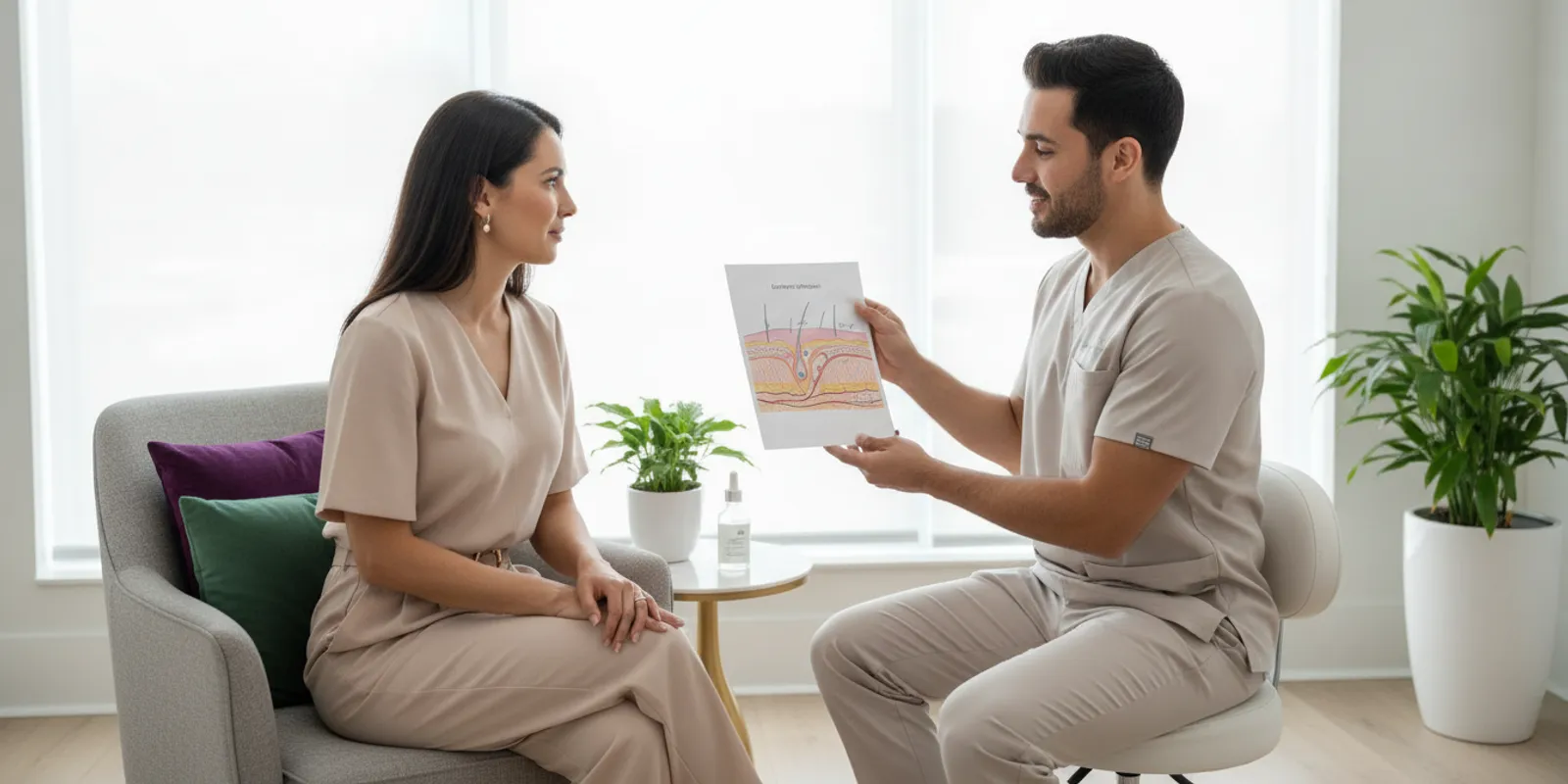 A client discussing Laser Hair Removal and skin care options with a provider in a bright consultation room