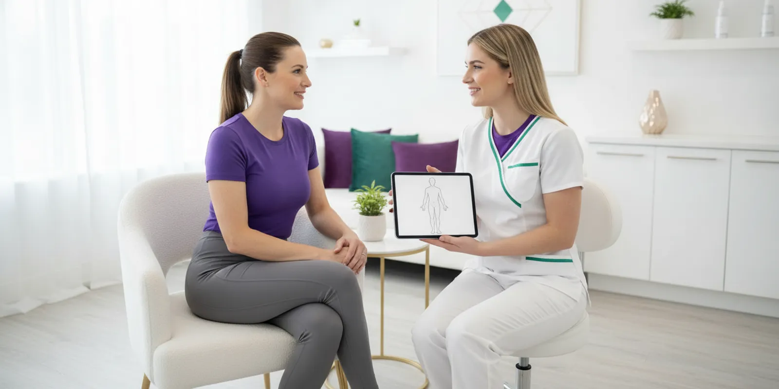 A client speaking with a provider about non-surgical body contouring options in a bright consultation room