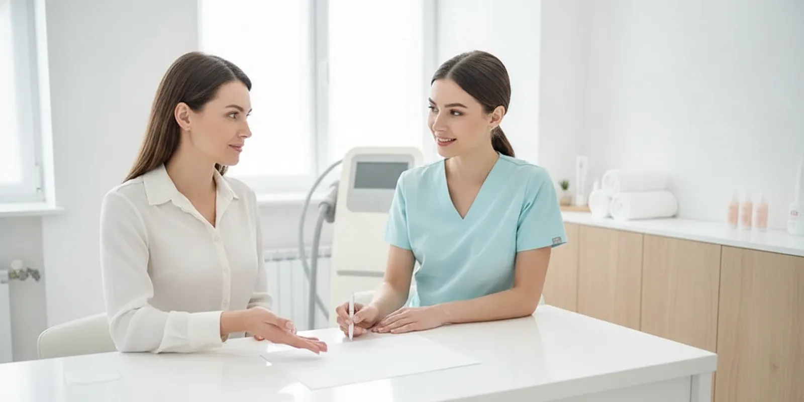 Client discussing a microneedling treatment plan with a skincare professional