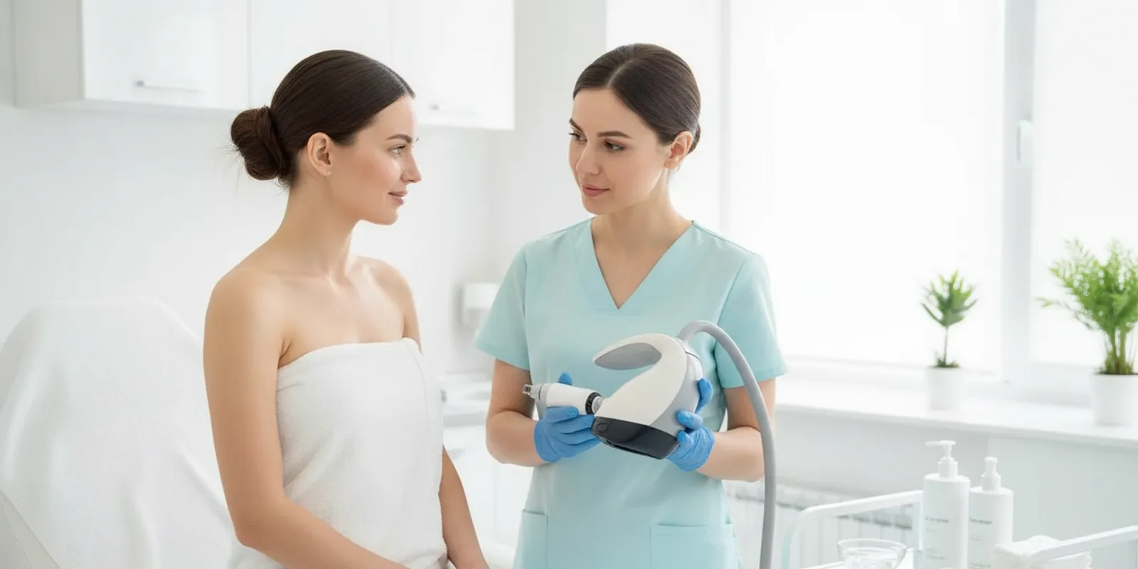 Professional provider discussing microneedling recovery with a client