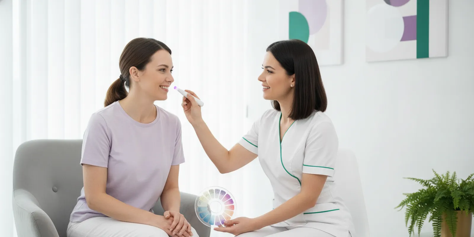 A patient discussing skin firmness options with a skincare professional in a bright consultation room.